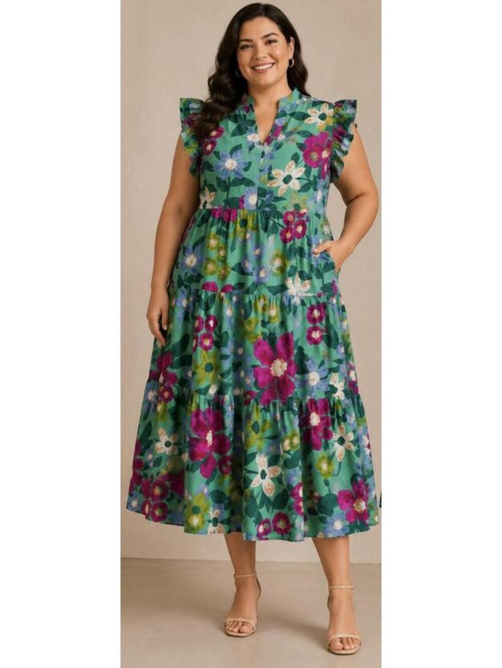 381 Chicsoul 2XL Floral 24" ptp $55 MSRP Tiered Dress Ruffle Sleeves R0000381